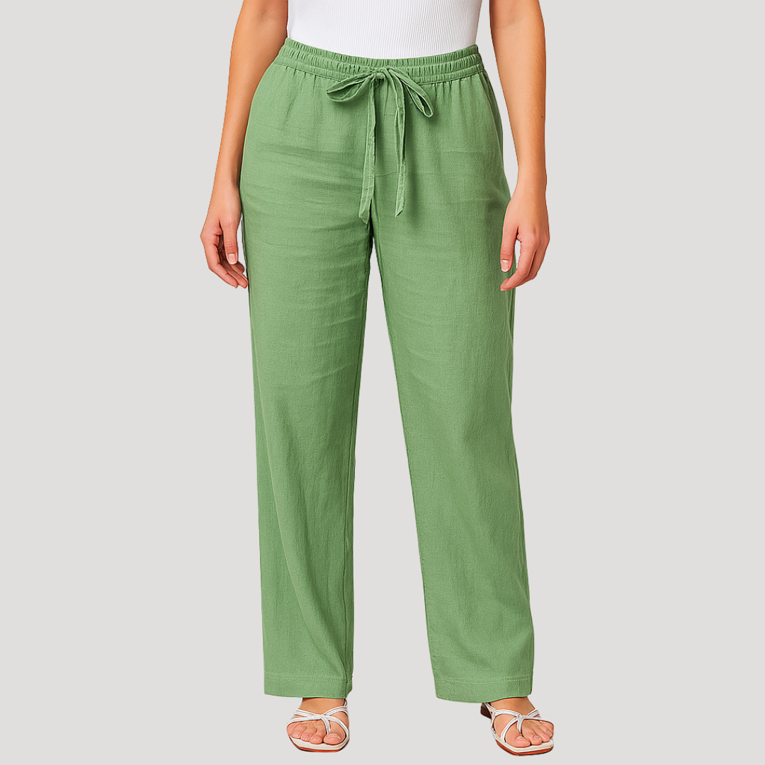 Breathable women's linen straight leg trousers, featuring a functional drawstring for a relaxed summer fit.