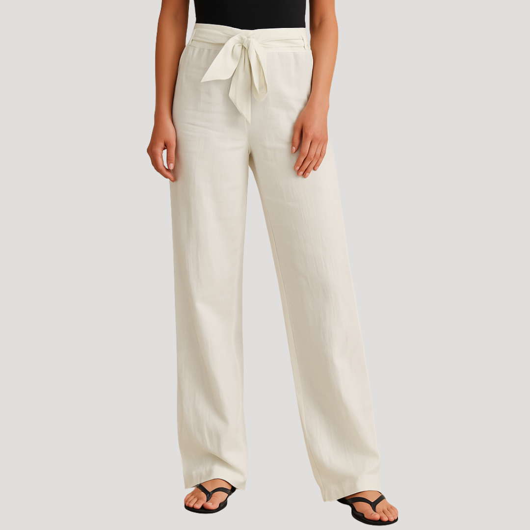 Stylish women's breathable linen straight leg trousers with drawstring waist for a relaxed, comfortable fit.