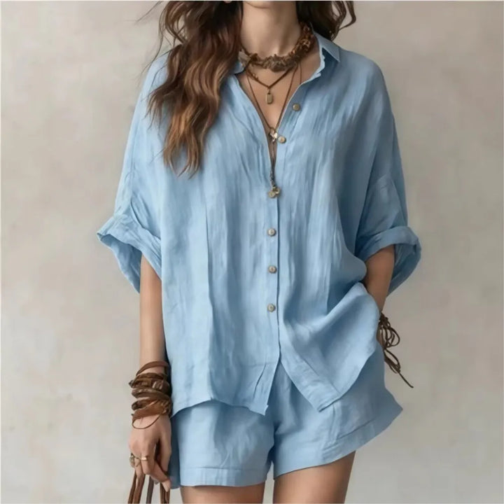 Women's breathable lounge set with relaxed fit top & shorts, perfect for casual comfort at home or vacation wear.