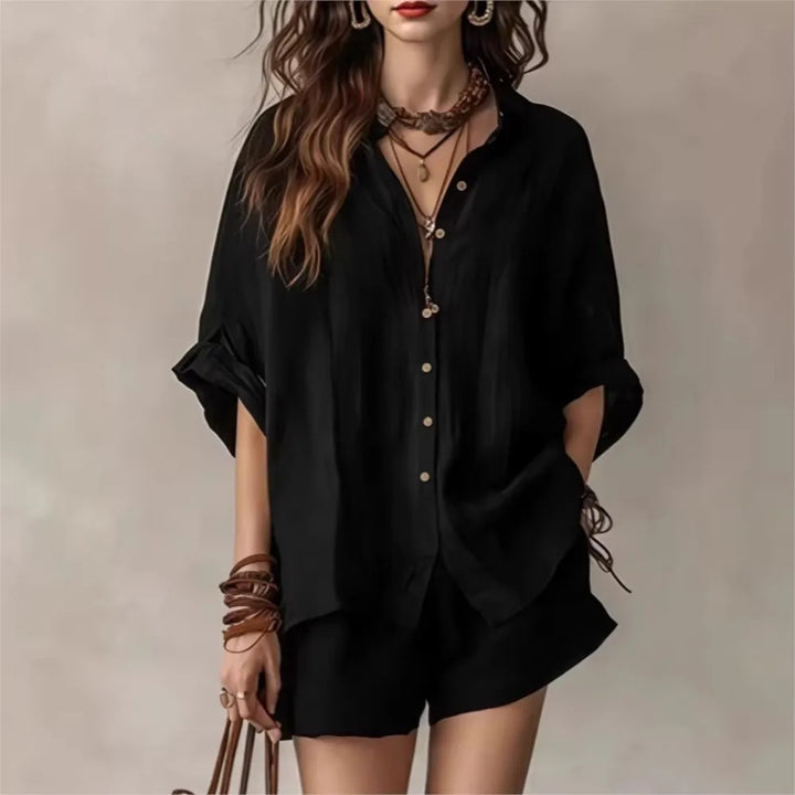 Lightweight, breathable women's lounge set with comfortable shorts & top. Perfect for summer casual wear & relaxation.