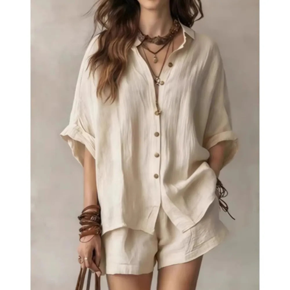 Women's breathable two-piece lounge shorts set for ultimate comfort. Relaxed fit design, ideal for summer & casual wear.