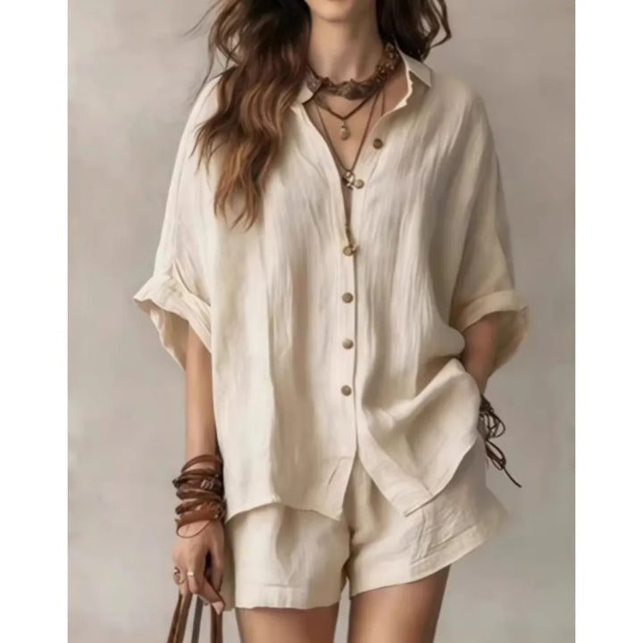 Women's breathable two-piece lounge shorts set for ultimate comfort. Relaxed fit design, ideal for summer & casual wear.