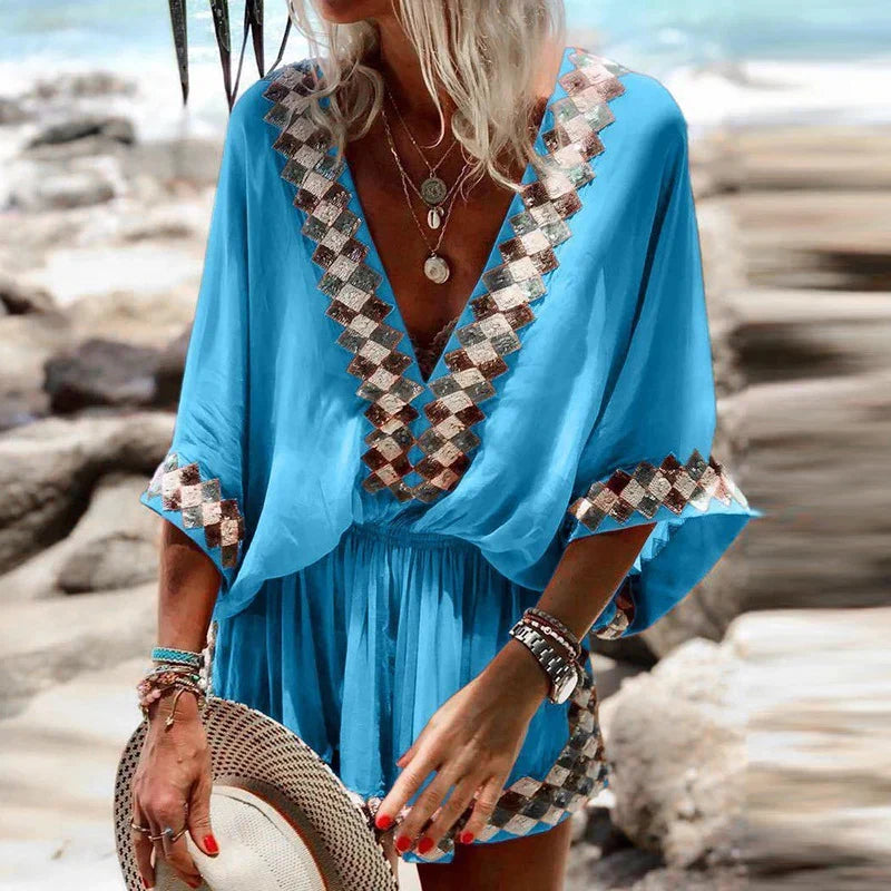 Women's breezy boho V-neck short romper with decorative trim, perfect for summer vacation & beachwear.