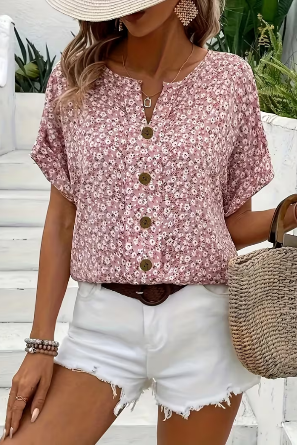 Women's breezy floral blouse, comfortable short sleeve top, perfect for summer casual wear.