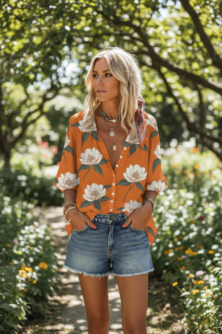 Casual women's pullover summer blouse. Lightweight, short sleeve, and relaxed fit for vacation or warm weather.