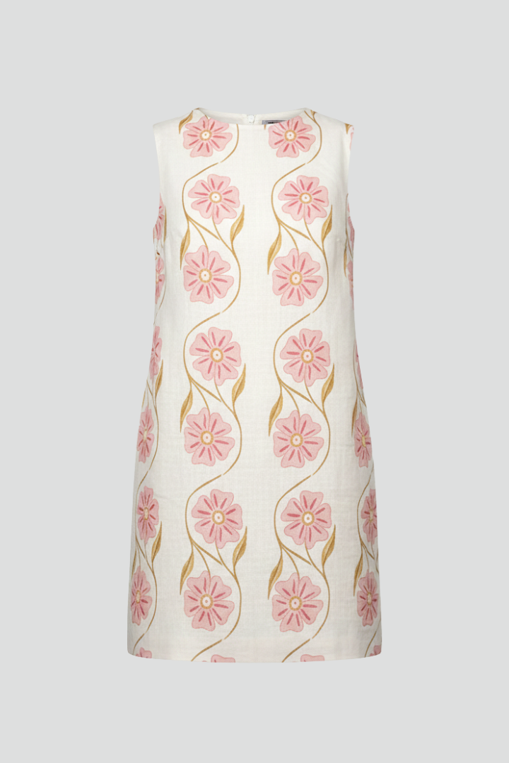Women's breezy pink floral mini dress with A-line cut, sleeveless design, and round neck, perfect for summer vacation.