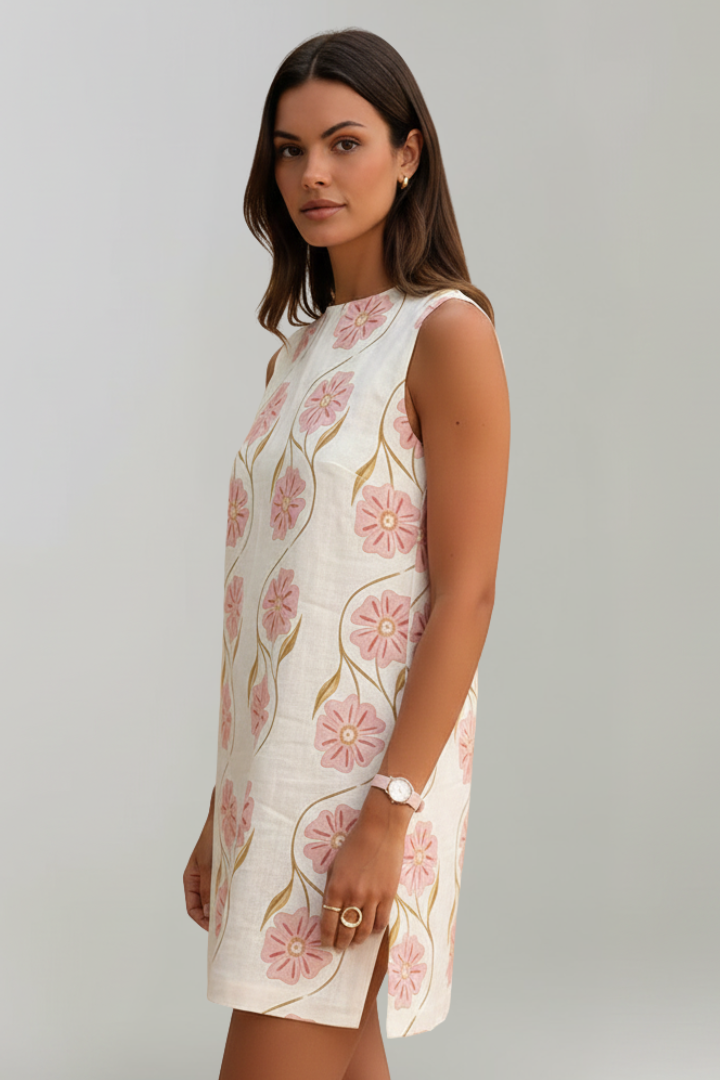 Pink floral mini dress for women, sleeveless and breezy A-line style with a round neck, ideal for warm weather.