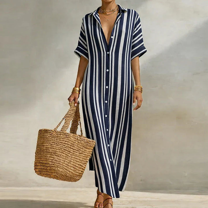 Relaxed fit women's long summer dress with three-quarter sleeves, lightweight and comfortable for casual wear.