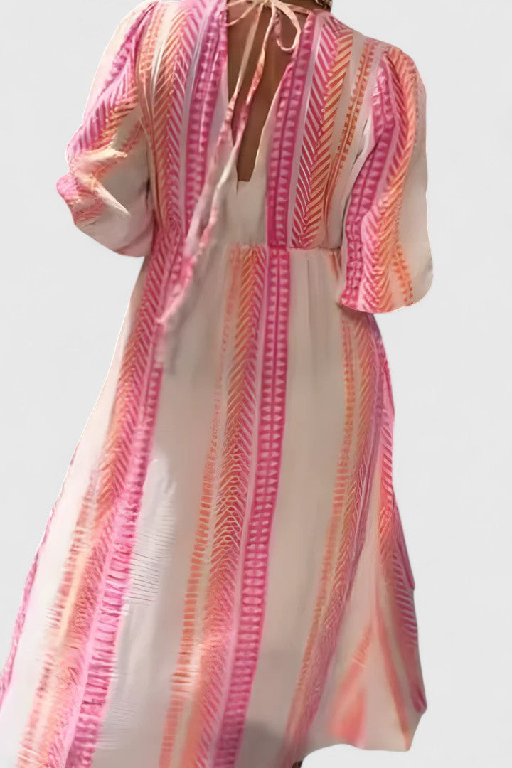 Stylish women's tropical stripe maxi dress, V-neck, puff sleeves. A versatile, flowy choice for summer casual or resort.