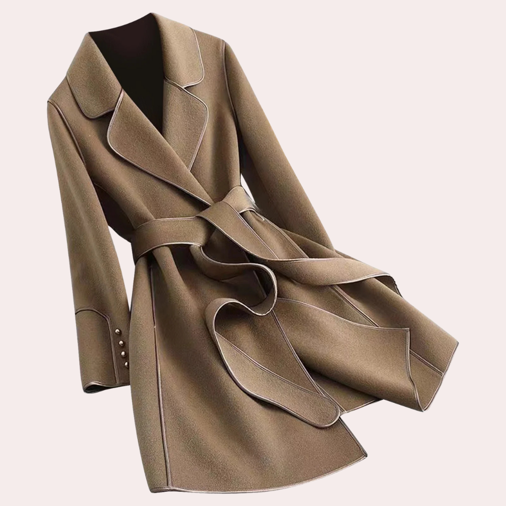 Women's brown belted layered jacket, perfect for versatile formal to casual wear. Elegant & structured fit for fall.