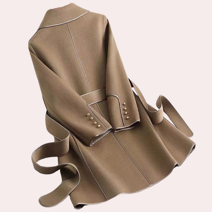 Elegant women's brown belted jacket with a chic layered design. Versatile structured outerwear for office or casual.