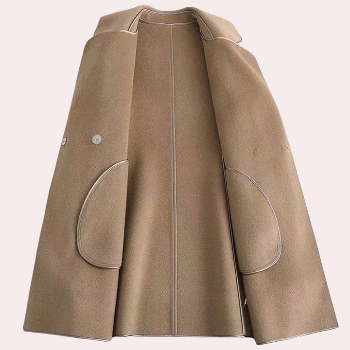 Brown women's layered jacket with belt, offering a versatile structured fit. Ideal elegant outerwear for spring/fall.