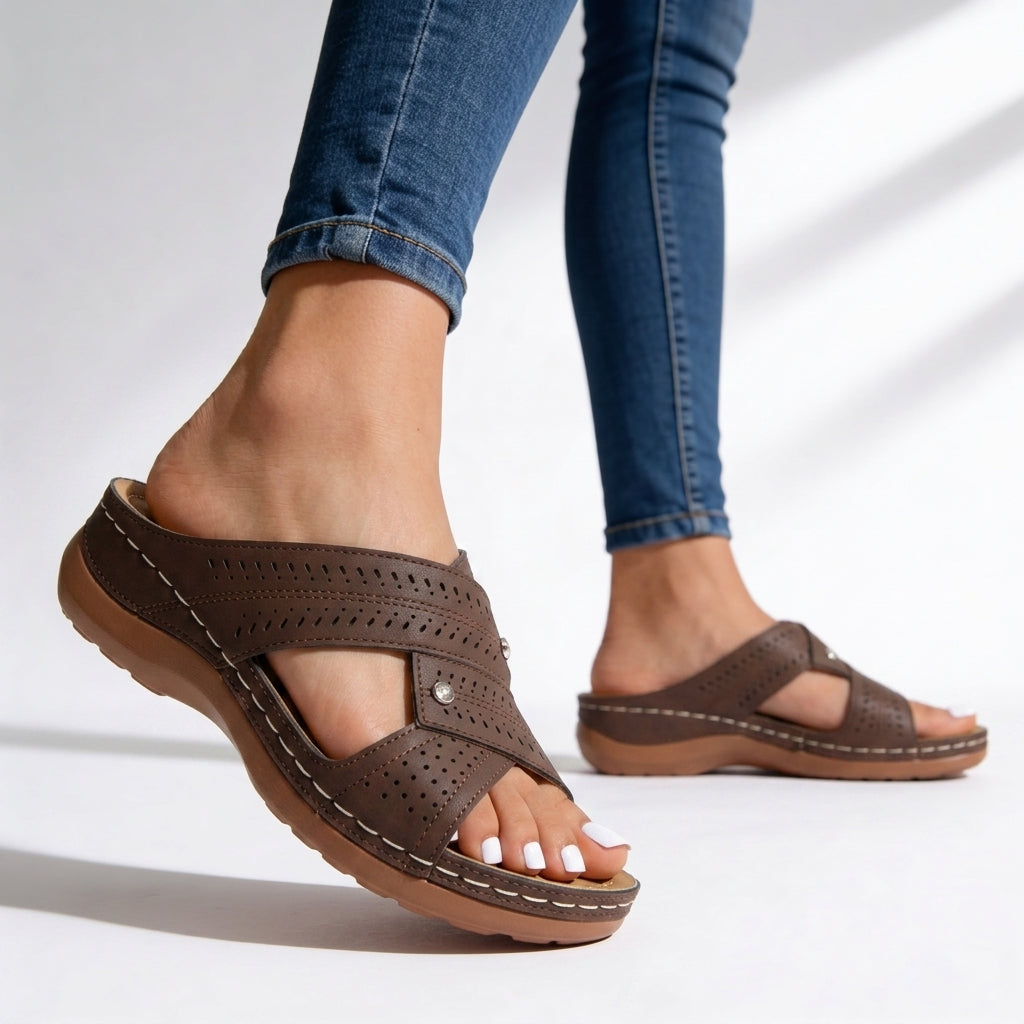 Women's brown crossover peep toe wedge sandals. Comfortable slip-on walking shoes with cushioned sole, perfect for summer.