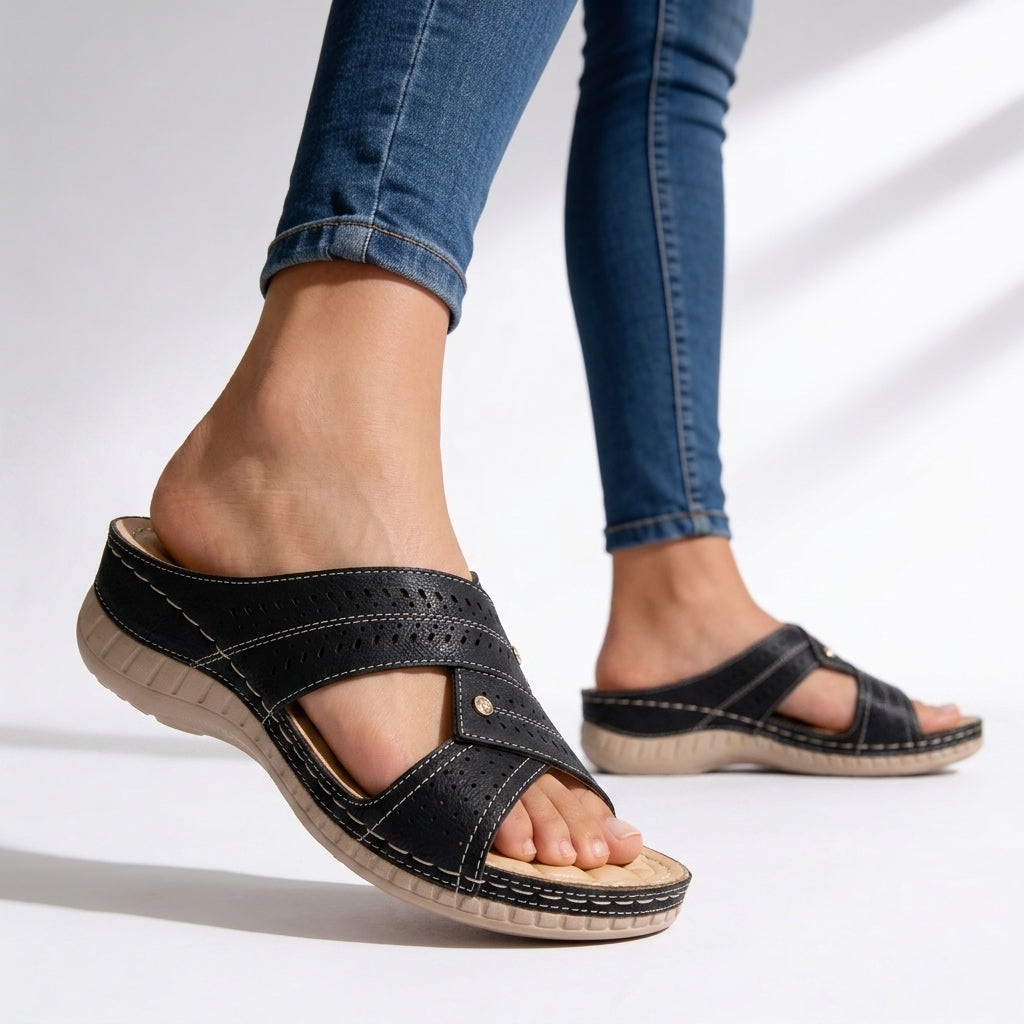 Black women's crossover wedge sandals. Comfortable peep toe slip-on walking shoes with a cushioned footbed for all-day wear.