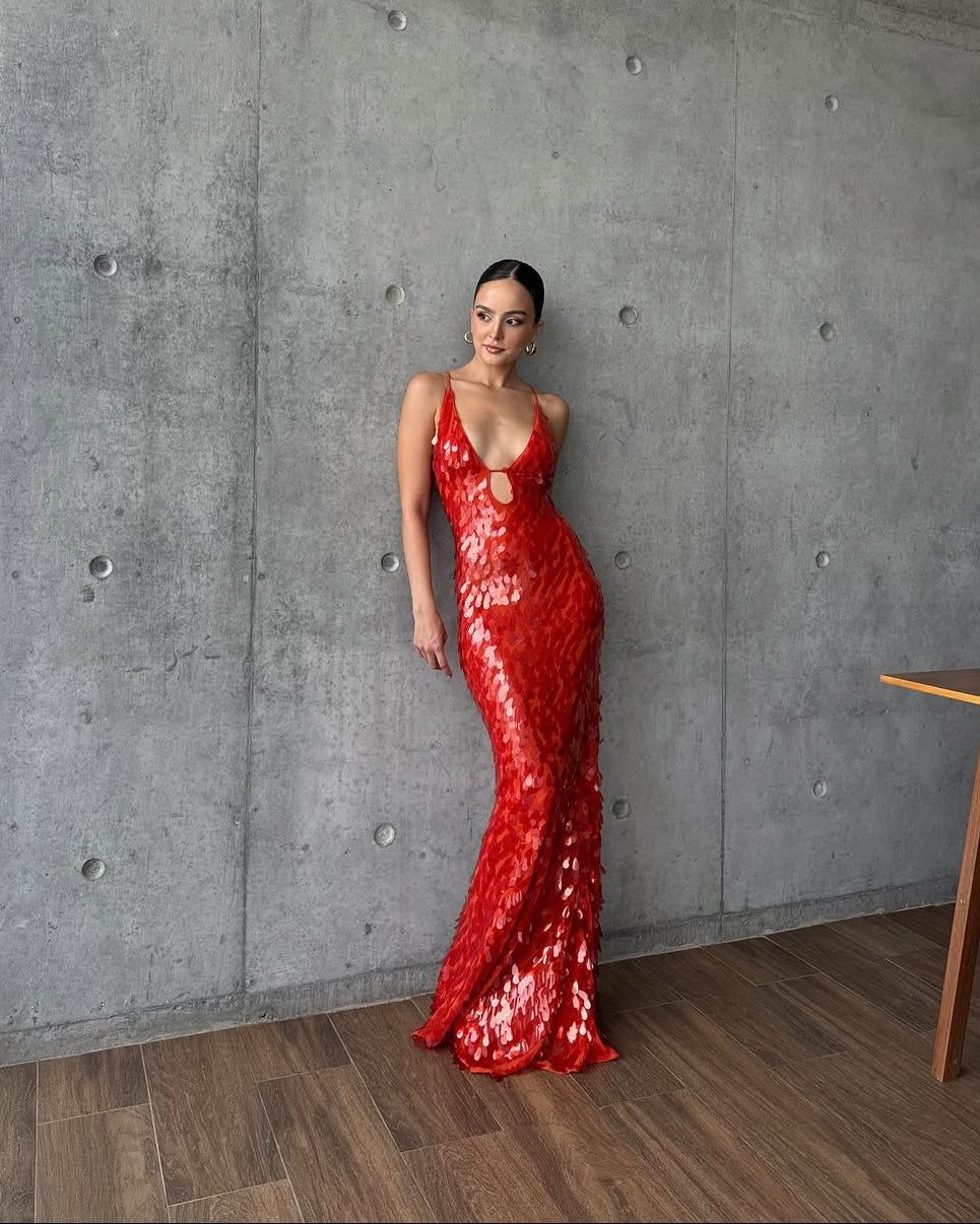 Burgundy sequin plunge homecoming dress, an elegant women's maxi gown perfect for formal occasions & parties.