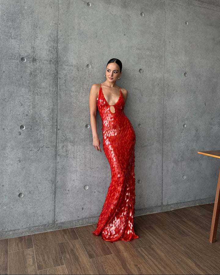 Burgundy sequin plunge homecoming dress, an elegant women's maxi gown perfect for formal occasions & parties.
