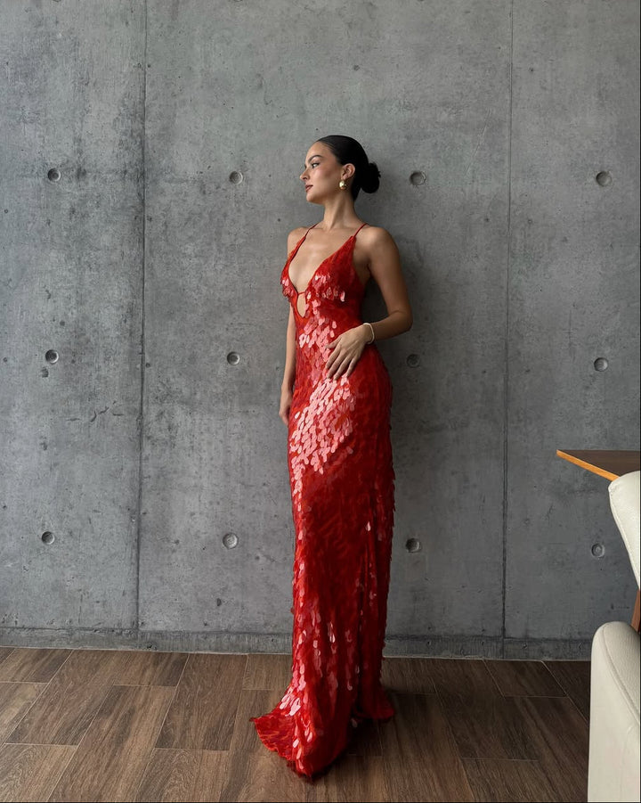 Elegant burgundy sequin formal gown with plunge neckline, a sparkling maxi dress for homecoming & evening wear.