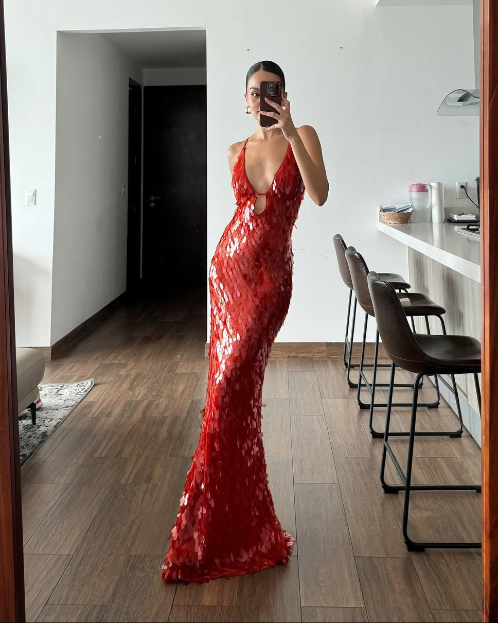 Sparkling burgundy sequin plunge dress, a fitted women's maxi gown ideal for prom, homecoming & parties.
