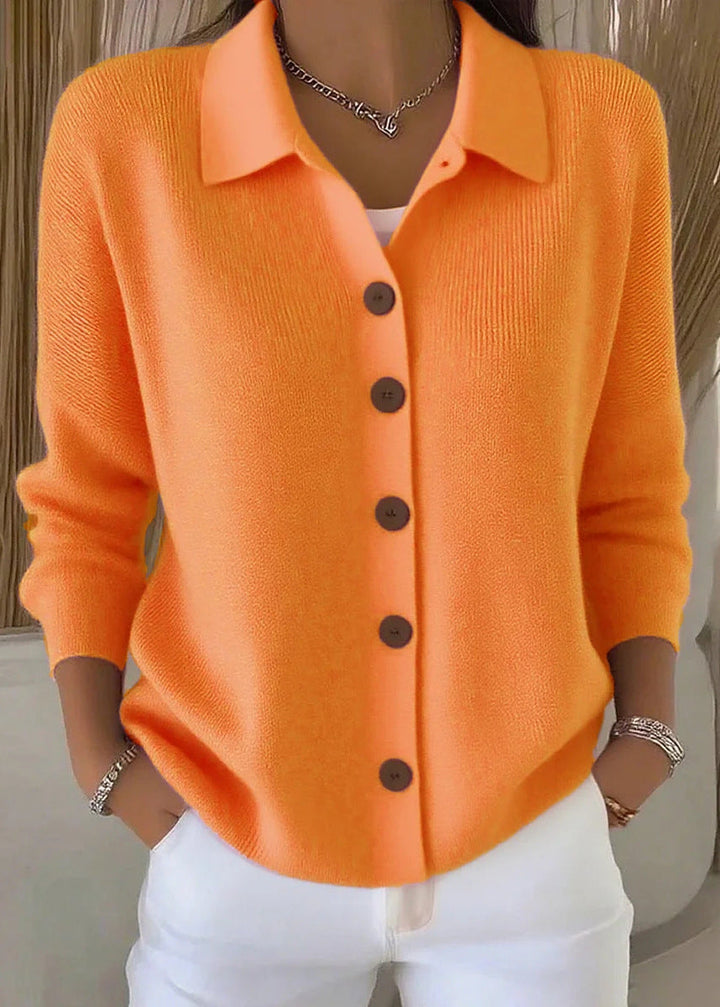 Versatile women's button down cardigan with shirt collar, great for transitional fashion & elegant layering.