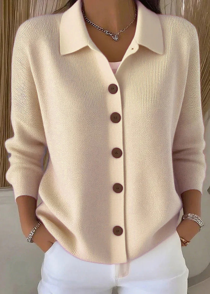 Stylish women's button down cardigan sweater, perfect for elegant layering and chic office outfits.