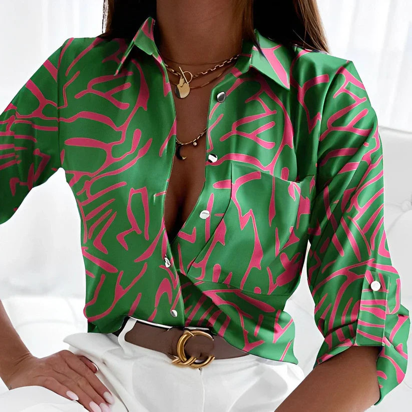 Women's button-down long sleeve blouse with a unique abstract print, perfect for versatile styling.