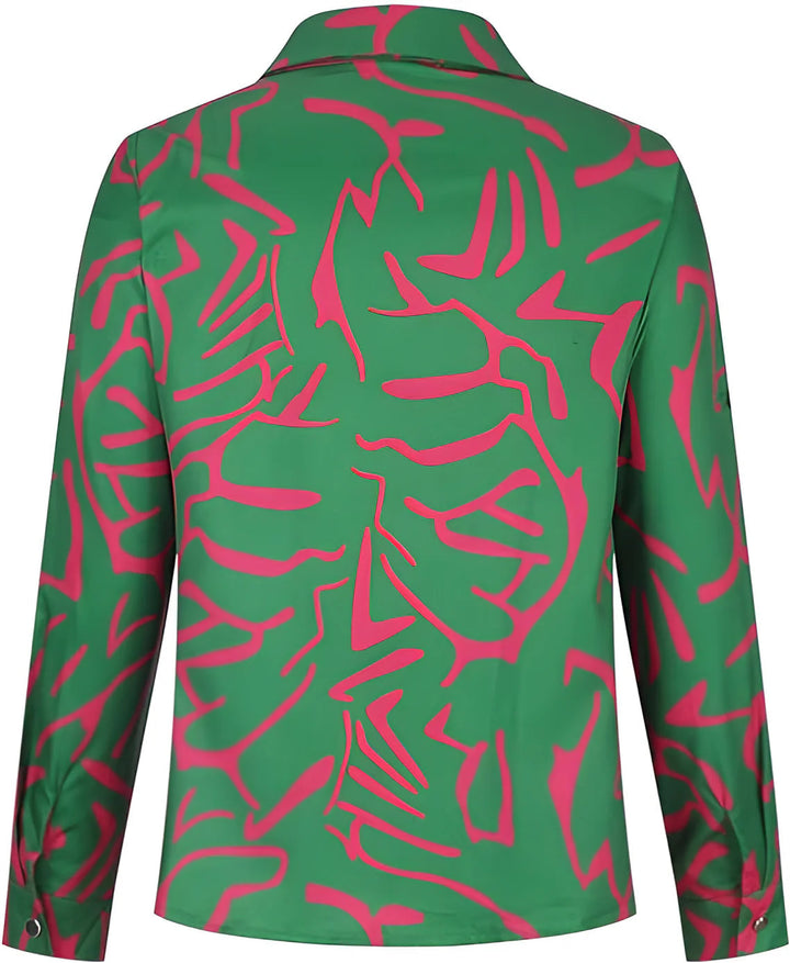 Chic women's abstract print blouse. Versatile long sleeve button-down for casual wear or workwear.