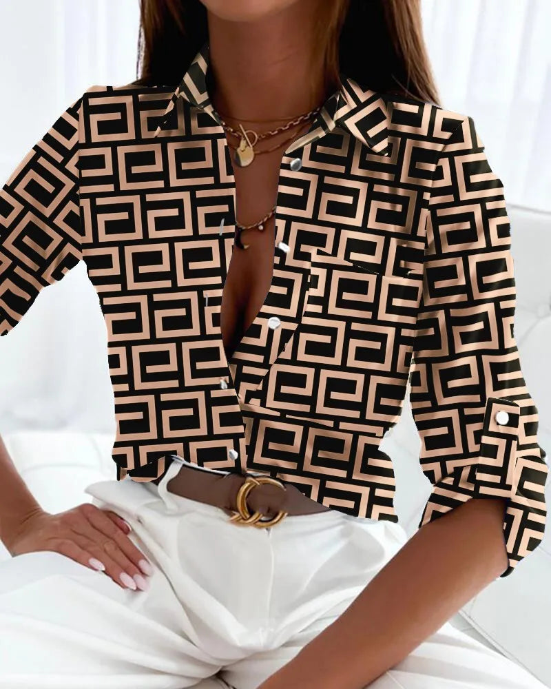 Collared women's button-down shirt with a modern abstract pattern. Ideal as a versatile fashion blouse.