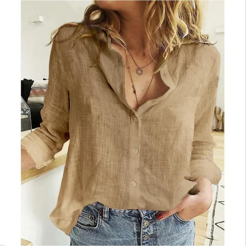 Comfortable women's button-front blouse, a stylish everyday wear top with functional rolled sleeves & V-neck design.