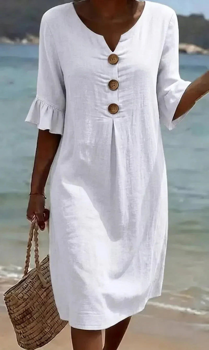 Women's button-front casual midi dress with ruffle sleeves, perfect for summer everyday style.