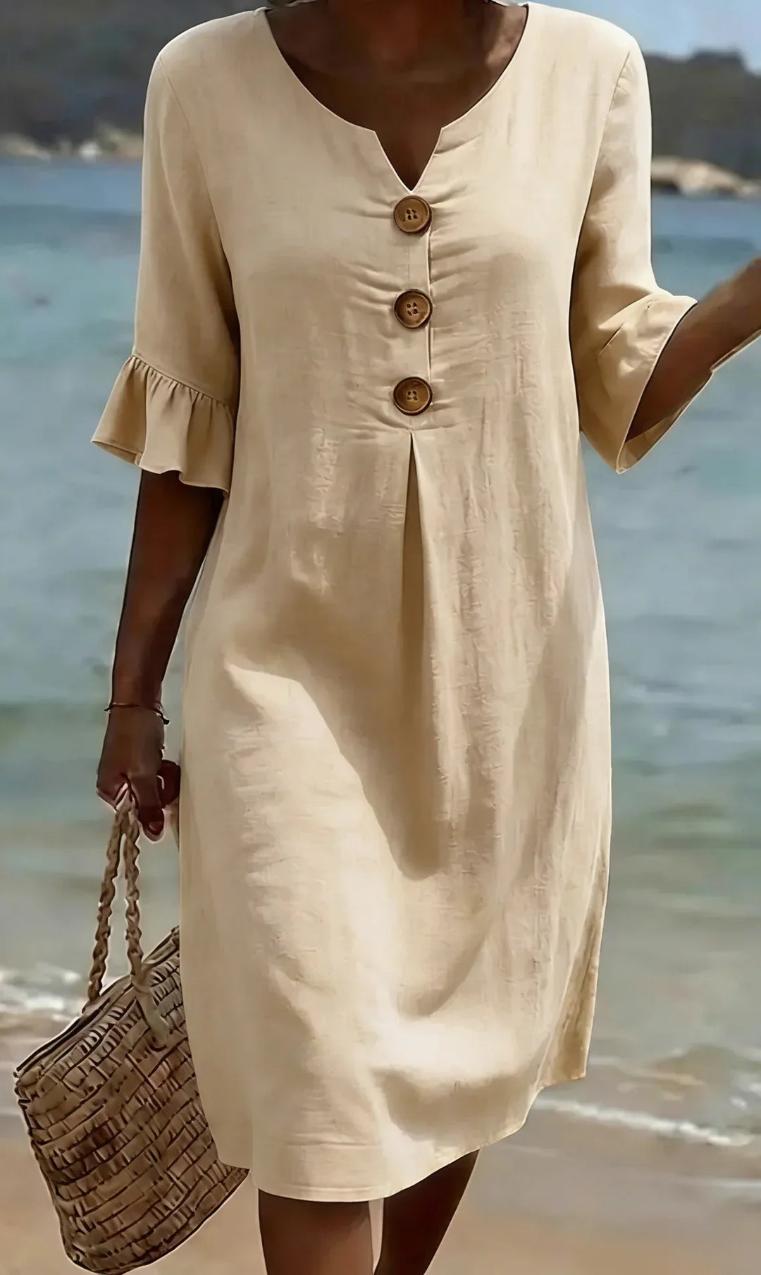 Button-front casual midi dress for women, pretty ruffle sleeves, perfect for summer and feminine style.