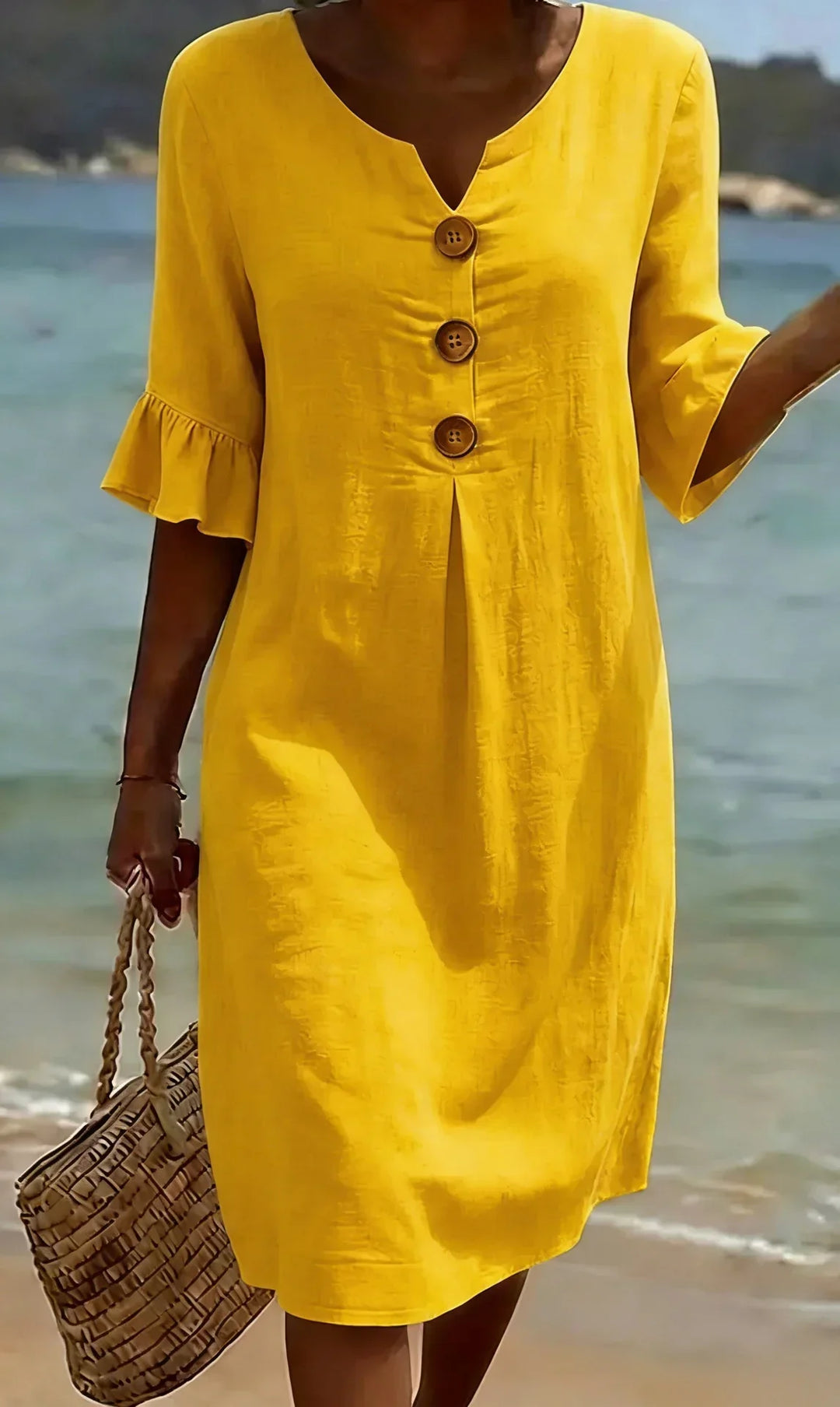 Women's casual midi dress with ruffle sleeves, button front, relaxed fit, summer vacation ready.
