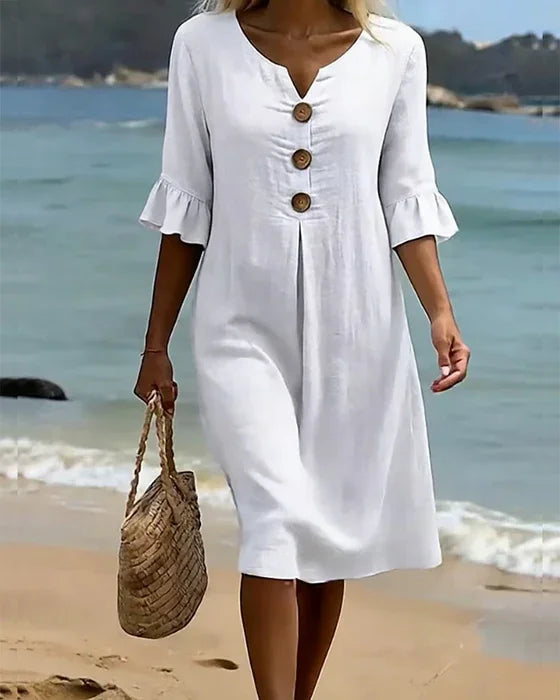 Flowy women's summer midi dress, casual button-front design & elegant ruffle sleeves.
