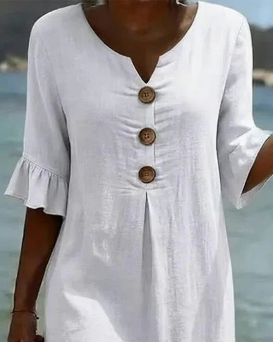 Relaxed fit women's midi dress, button front, ruffle sleeves; ideal for vacation & beach wear.