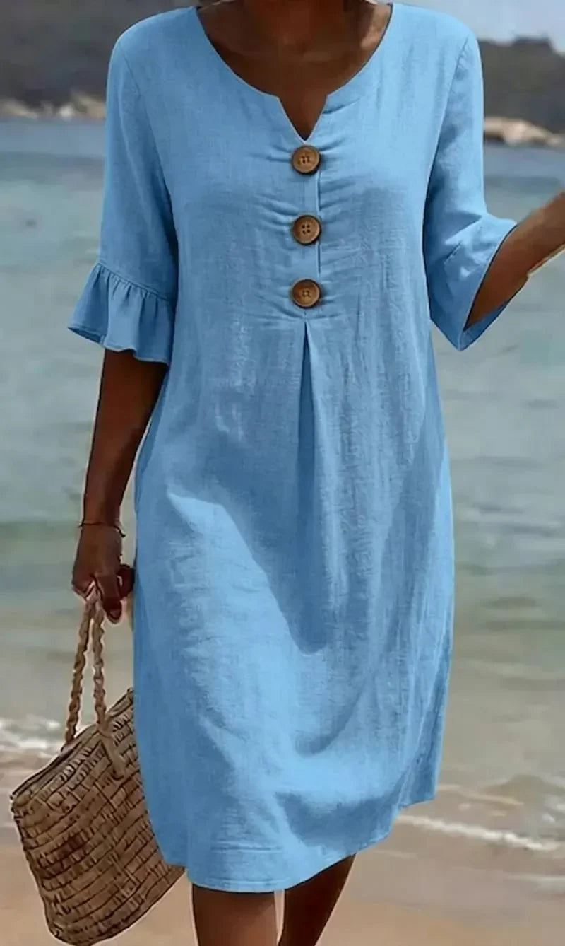 Everyday casual midi dress for women, featuring button-front closure & charming ruffle sleeves.