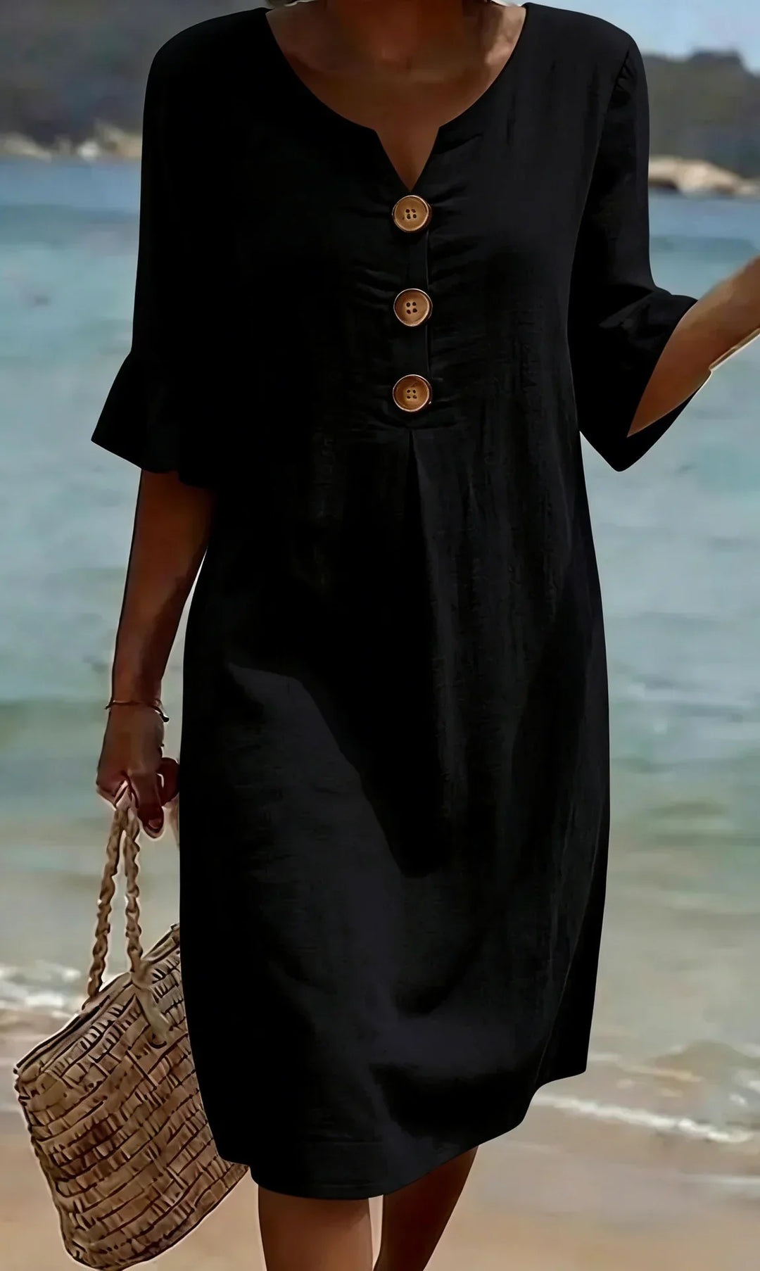 Versatile women's casual midi dress, button front, ruffle sleeves, perfect for vacation or daily wear.