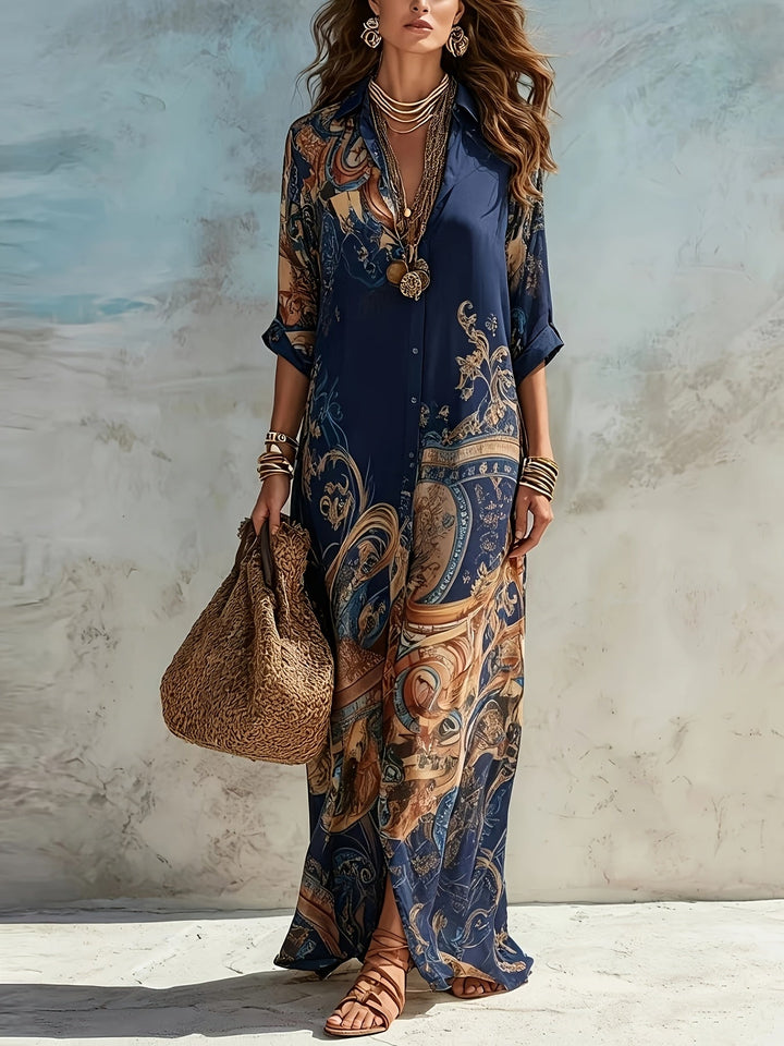 Elegant women's resort maxi dress with button-front and colorful floral pattern for summer travel.