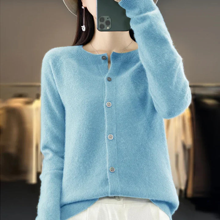 Women's versatile layering top: button front knit cardigan. Long sleeve, round neck for everyday style.