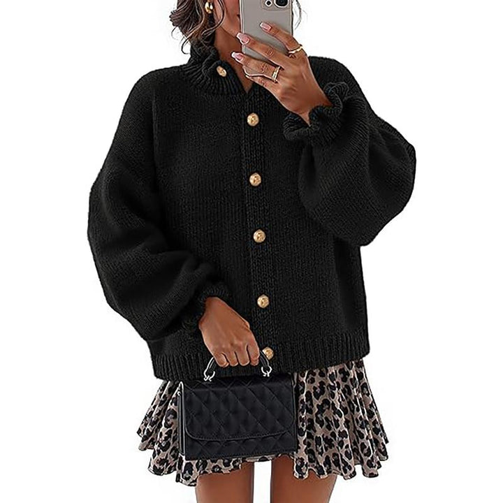 Women's button-front knit cardigan sweater, relaxed fit in a wool blend, perfect for fall fashion.
