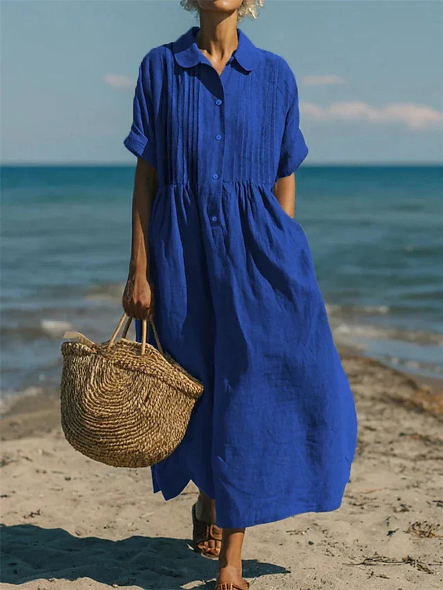 Comfortable women's button-front maxi dress, perfect as beachwear or a stylish cover-up for summer days.