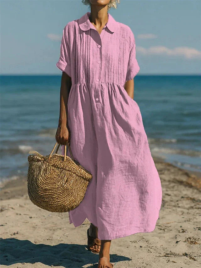 Elegant women's button-front maxi shirt dress, offering a sophisticated yet casual look for any occasion.