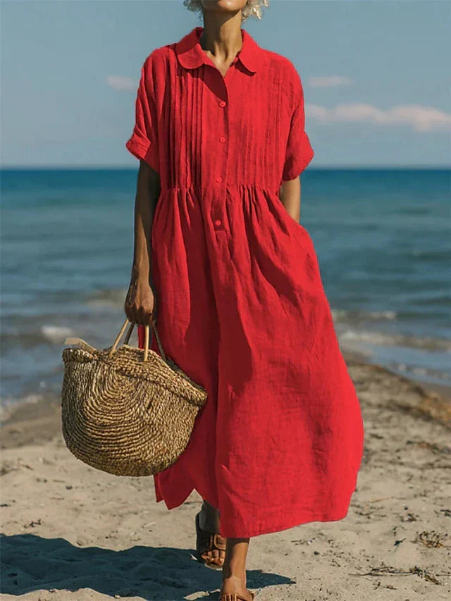 Flowy women's maxi shirt dress, a stylish button-front option for chic spring fashion and comfortable summer days.