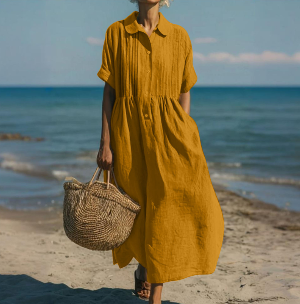 Effortless women's button-front maxi shirt dress, combining comfort and elegance for versatile spring & summer fashion.