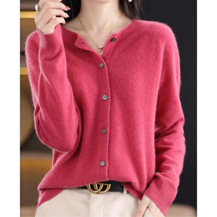 Women's button front O-neck cardigan, perfect for versatile office & casual fall fashion.