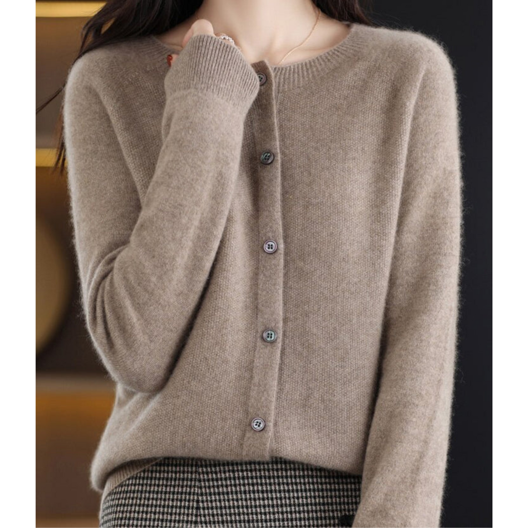Chic women's cardigan, button front, O-neck. Perfect for office, casual fall fashion & layering.