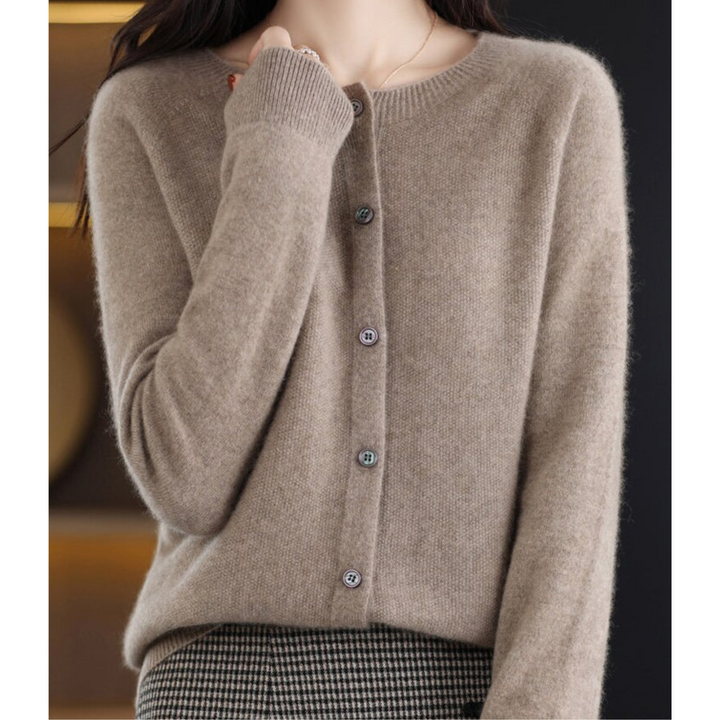 Chic women's cardigan, button front, O-neck. Perfect for office, casual fall fashion & layering.