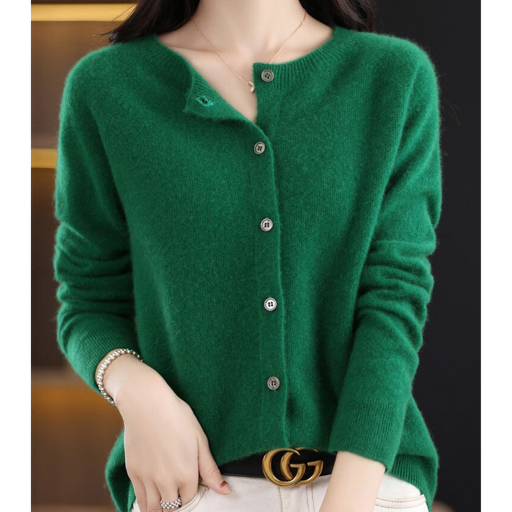 Stylish O-neck women's cardigan with button front. A warm winter layer for casual & work fashion.