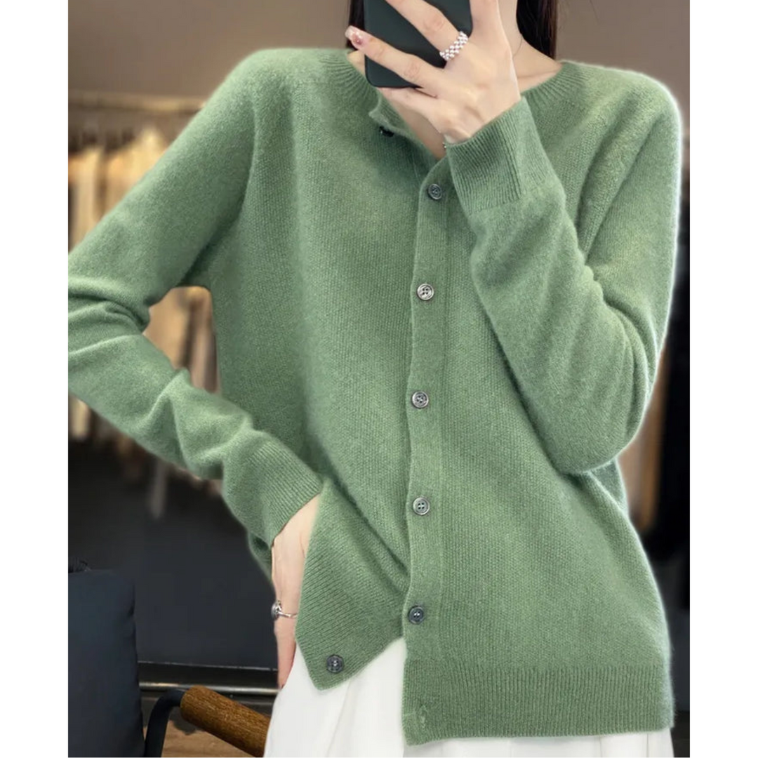 Button front O-neck cardigan for women. A comfortable long sleeve knit, perfect for office & casual wear.