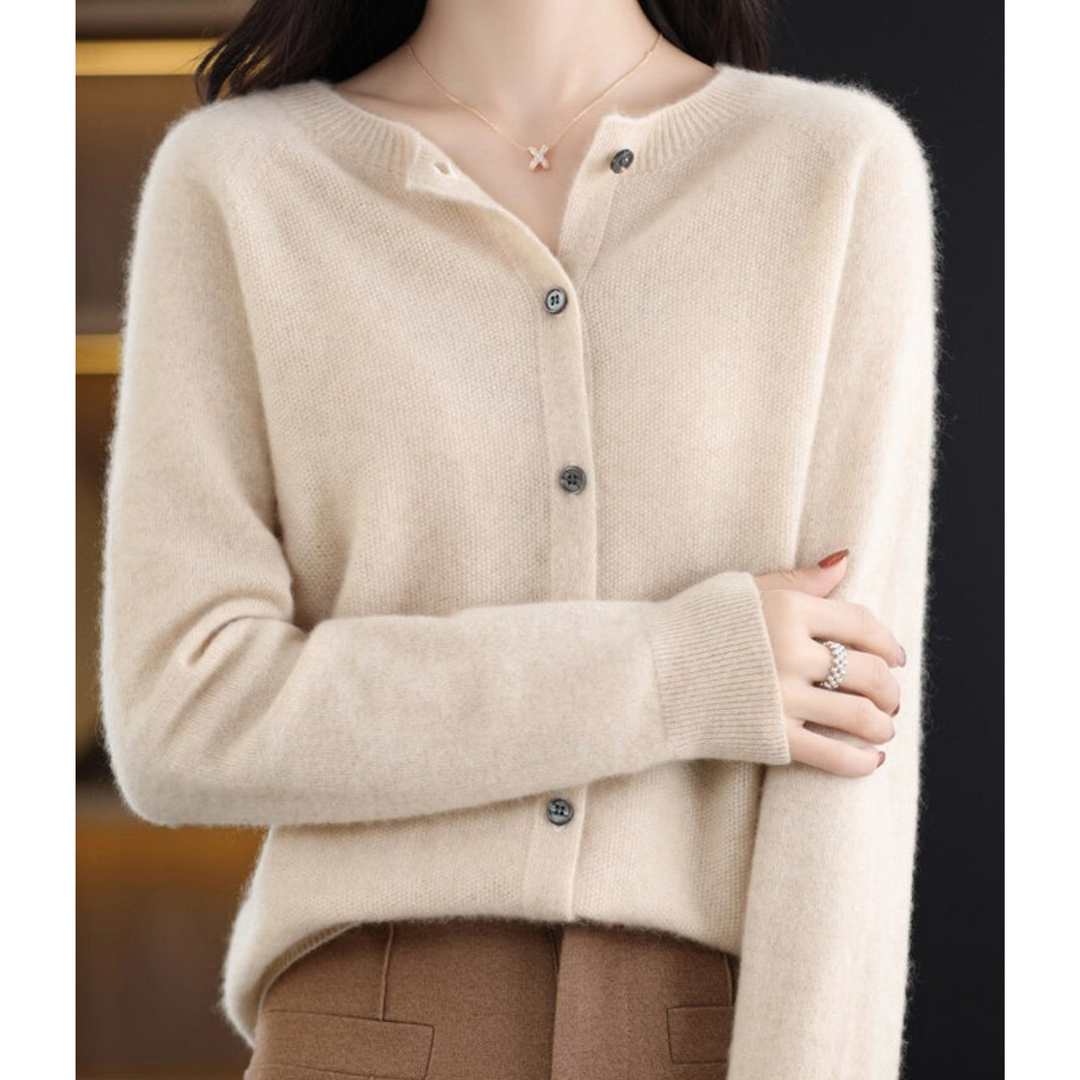 Everyday women's button front O-neck cardigan, a comfortable knit for office, casual & fall fashion.