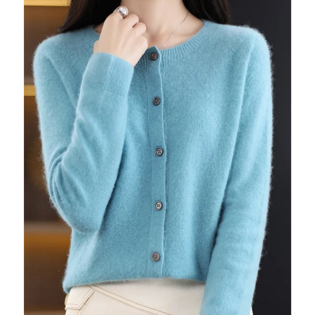 Elegant O-neck women's cardigan with button front, great for office, casual & winter layering.