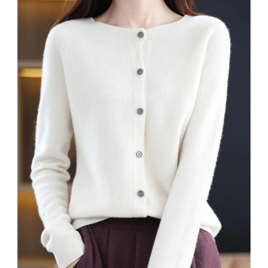 Long sleeve women's button front cardigan. A comfortable O-neck knit for versatile everyday wear.